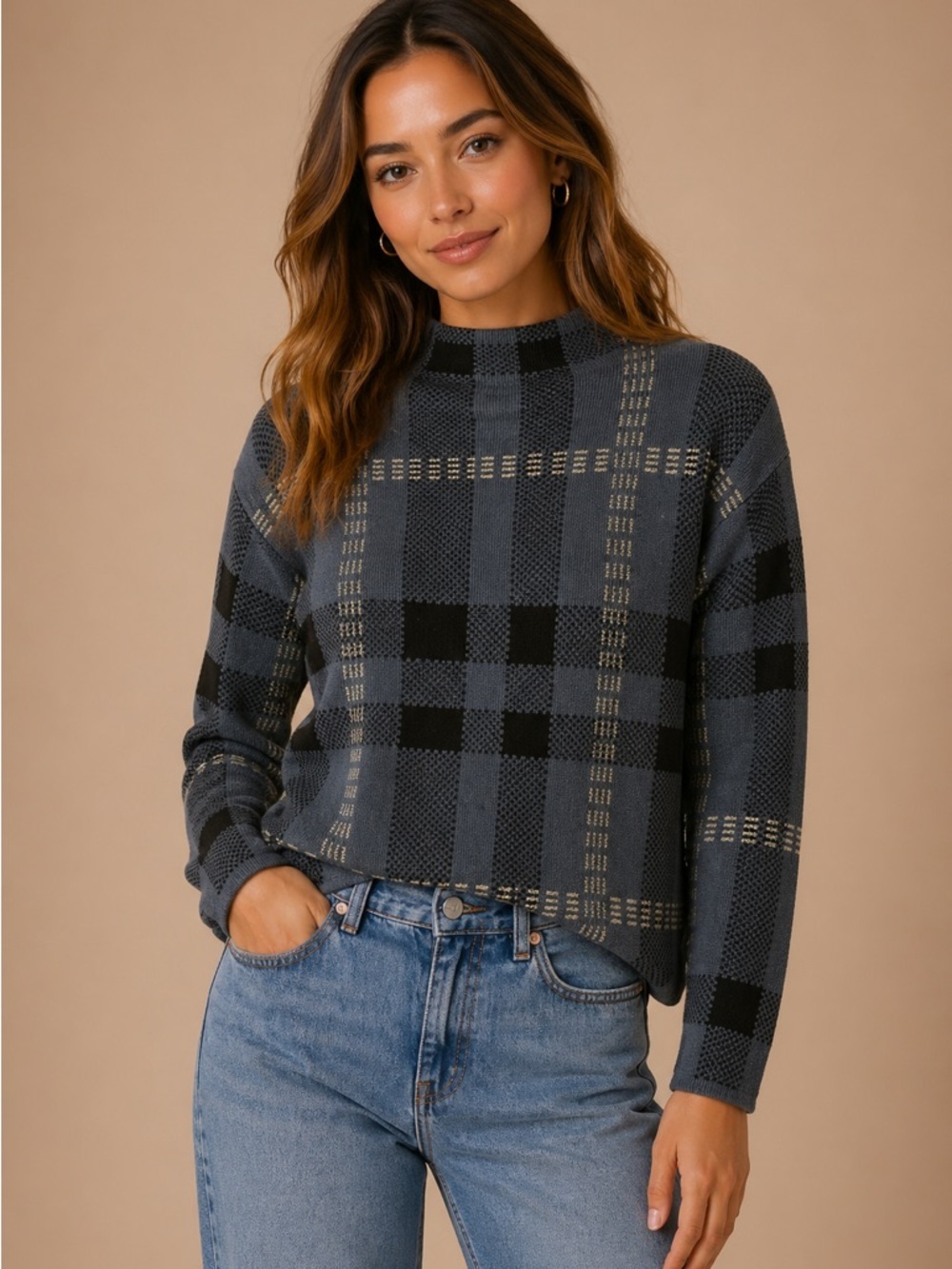 By Design Plaid Sweater L Blue Black Cozy Knit Trendy Fall Winter Layering Piece